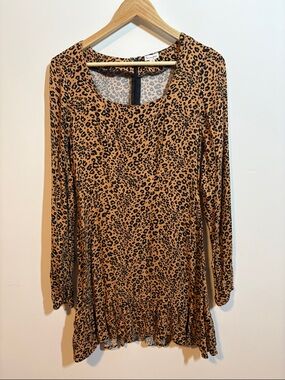 love, Fire Leopard Print Long Sleeve Mini Dress in Tan and Black